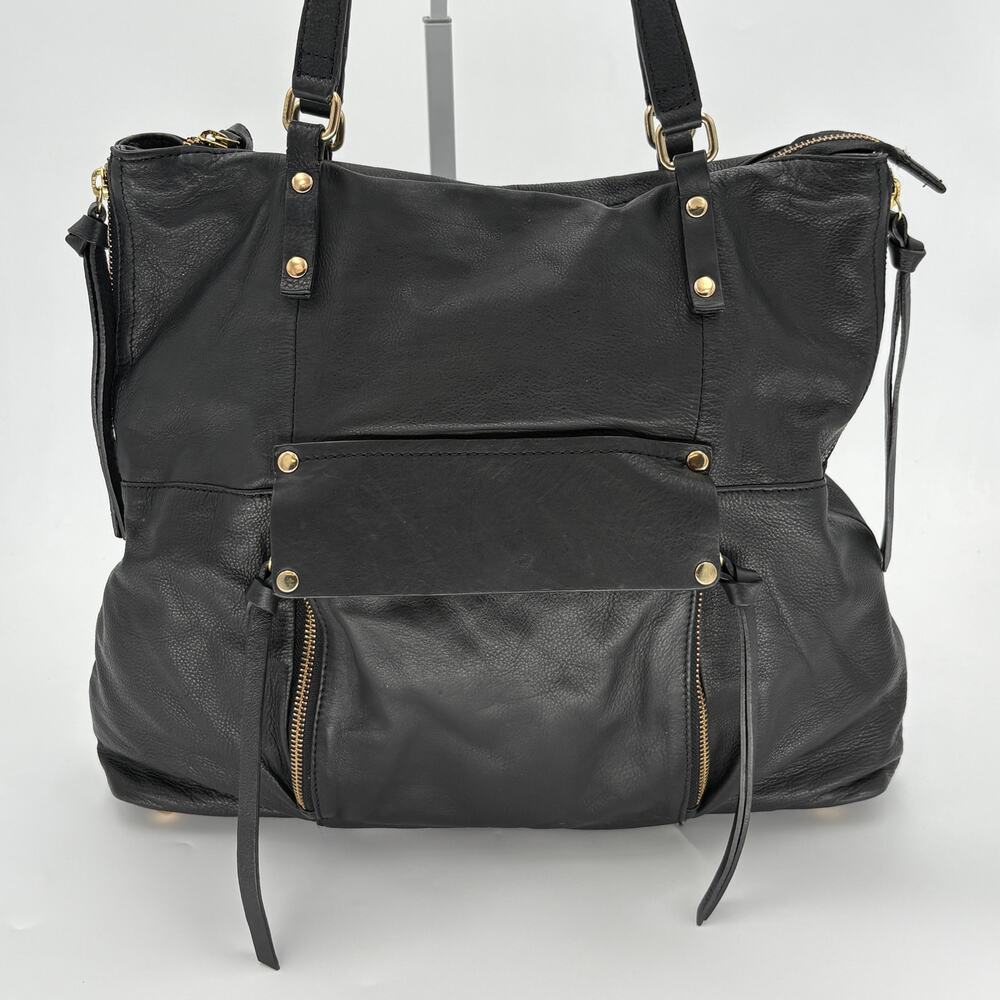 Kooba Everette Black Leather Tote Bag Side Zip Shoulder Purse Gold Hardware